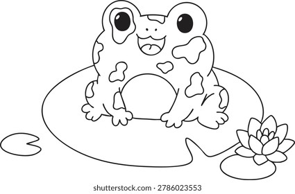 This cute frog illustration shows a smiling frog sitting on a lily pad near a flower. The design uses simple black outlines that are easy for children to color. The cartoon style creates a fun and friendly feeling perfect for kids activities. This artwork is suitable for school worksheets, printable coloring pages, and nature themed projects. Children can use bright green and colorful flowers to make the pond scene lively and creative. The simple design