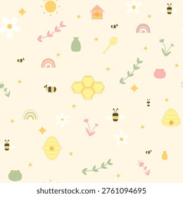 This cute honey bee and spring garden seamless pattern features a delightful collection of pastel colors elements, including sweet bumblebees, blooming daisies, honeycombs, and rainbows. The cute honey bee design is crafted in a soft, whimsical style that brings a sense of warmth and joy. This spring garden seamless pattern is perfect for a wide range of creative projects. You can use this pastel colors illustration for nursery wallpaper, baby shower invitations, fabric printing for children's clothing, and scrapbook paper. Additionally, it works beautifully for digital backgrounds, gift wrapping, and eco-friendly packaging designs. The high-quality spring garden seamless pattern ensures a professional look for any product, making the cute honey bee characters stand out. Whether for web or print, these pastel colors will add a gentle, aesthetic touch to your branding and stationery.