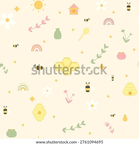 This cute honey bee and spring garden seamless pattern features a delightful collection of pastel colors elements, including sweet bumblebees, blooming daisies, honeycombs, and rainbows. The cute honey bee design is crafted in a soft, whimsical style that brings a sense of warmth and joy. This spring garden seamless pattern is perfect for a wide range of creative projects. You can use this pastel colors illustration for nursery wallpaper, baby shower invitations, fabric printing for children's clothing, and scrapbook paper. Additionally, it works beautifully for digital backgrounds, gift wrapping, and eco-friendly packaging designs. The high-quality spring garden seamless pattern ensures a professional look for any product, making the cute honey bee characters stand out. Whether for web or print, these pastel colors will add a gentle, aesthetic touch to your branding and stationery.