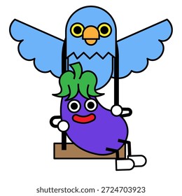 Dies ist eine niedliche und humorvolle Illustration mit Bluebird und Auberginen Zeichen.