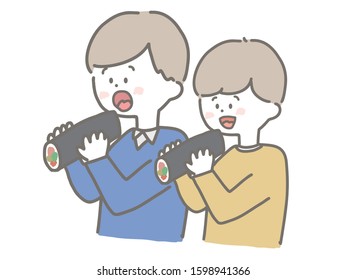 This is a cute illustration of a boy who is eating Sushi roll.