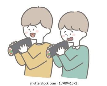This is a cute illustration of a boy who is eating Sushi roll.