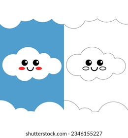This is a cute illustration of a cloud in the sky during the day and next to it is a black-and-white version to color
