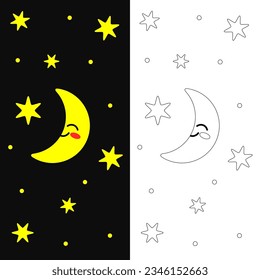 This is a cute illustration of a crescent moon in the sky at night and next to it is a black-and-white version to color