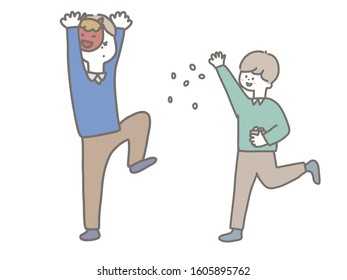 This is a cute illustration of a family doing Setsubun sowing.