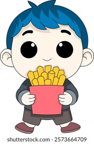 This cute illustration features a cartoon character with blue hair holding a box of golden french fries, creating a friendly and playful food mascot