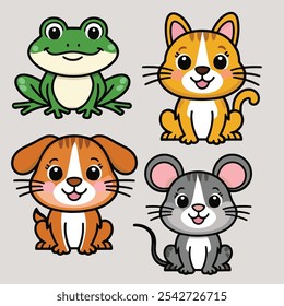 Esta linda ilustración presenta cuatro adorables animales de dibujos animados: una rana verde, un gato de jengibre, un cachorro marrón y un ratón gris. 