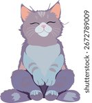 This is a cute illustration of a fluffy purple cat sitting peacefully with its eyes closed and a content smile on its face.
