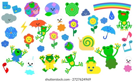Este es un lindo conjunto de ilustración con ranas temáticas de la temporada de lluvias y motivos de Clima.