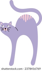 This cute illustration shows a cat that looks very scared and vulnerable. The cat stands in a pose that reflects his fear and nervousness. The cat has soft lavender fur. Cat in a simple cute style