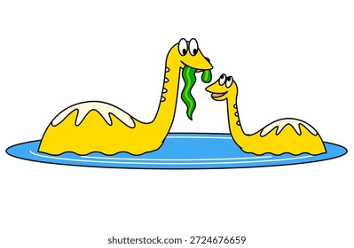 Diese niedliche Illustration zeigt zwei kleine Dinosaurier, die aus ihren Muscheln am Wasser auftauchen.