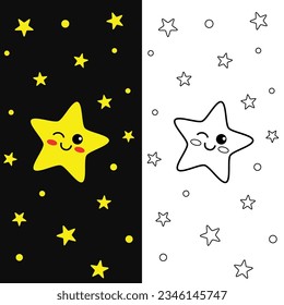 This is a cute illustration of a star in the sky at night and next to it is a black-and-white version to color