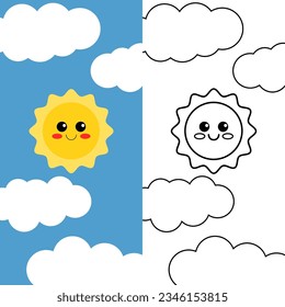 This is a cute illustration of the sun in the sky during the day and next to it is a black-and-white version to color