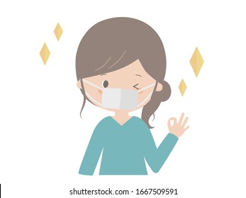 This is a cute illustration of a young woman wearing a mask and posing OK.