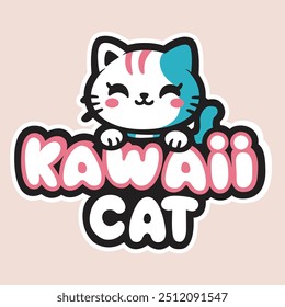 Este es un lindo diseño de logotipo de gato kawaii. El gato está dibujado en un estilo de dibujos animados, con ojos grandes y una dulce sonrisa. 