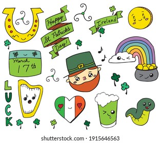 This cute kawaii doodle set celebrates Ireland and St. Patrick's Day, and includes a leprechaun, harp, calendar, shamrocks, four leaf clover, a rainbow and pot of gold, a coin, banners, and more. 