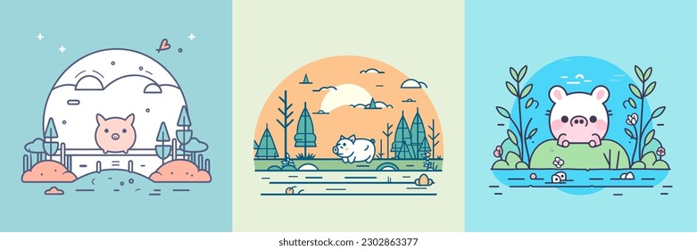 This cute kawaii pig cartoon illustration has a happy expression on its face, with rosy cheeks and a curly tail