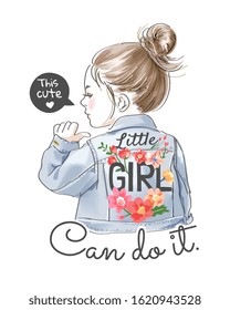 this cute little girl can do it slogan with girl in denim jacket illustration