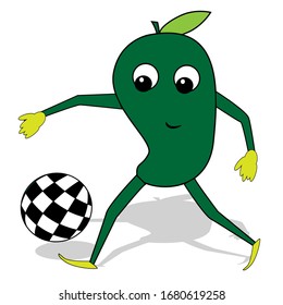 Este es un tierno personaje de mango haciendo softball jugando fútbol. Ilustración de concepto de estilo retro plano