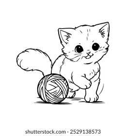 Este gatito lindo y juguetón está golpeando alegremente una pelota, con ojos grandes y pelaje esponjoso. Un diseño de Vector simple y divertido perfecto para colorear