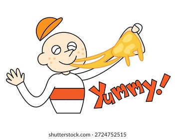 Esta é uma ilustração de um personagem bonito e pop de um homem comendo pizza derretida e exclamando "Yummy!"