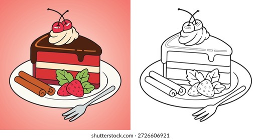 This cute red velvet cake slice coloring page features a layered sponge cake covered in chocolate glaze, whipped cream, and cherries. The clean, crisp linework with color preview is ideal for children's coloring books, food-themed prints, and printables. The main object and background are separated, not combined into one layer.