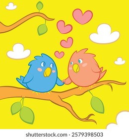 This is a cute and romantic digital illustration featuring two cartoon-style birds sitting on a tree branch against a bright yellow background. One bird is blue, and the other is pink, both having rou