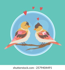 This is a cute and romantic digital illustration featuring two cartoon-style birds sitting on a tree branch against a bright yellow background. One bird is blue, and the other is pink, both having rou