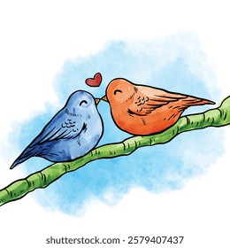 This is a cute and romantic digital illustration featuring two cartoon-style birds sitting on a tree branch against a bright yellow background. One bird is blue, and the other is pink, both having rou