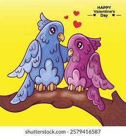 This is a cute and romantic digital illustration featuring two cartoon-style birds sitting on a tree branch against a bright yellow background. One bird is blue, and the other is pink, both having rou