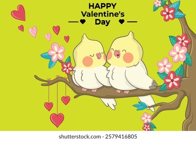 This is a cute and romantic digital illustration featuring two cartoon-style birds sitting on a tree branch against a bright yellow background. One bird is blue, and the other is pink, both having rou