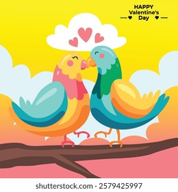 This is a cute and romantic digital illustration featuring two cartoon-style birds sitting on a tree branch against a bright yellow background. One bird is blue, and the other is pink, both having rou