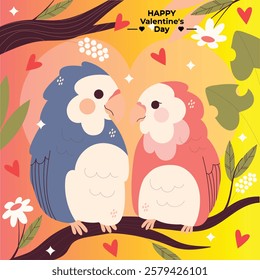 This is a cute and romantic digital illustration featuring two cartoon-style birds sitting on a tree branch against a bright yellow background. One bird is blue, and the other is pink, both having rou