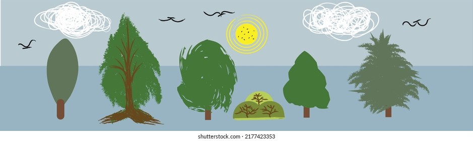 this is a cute summer tree isolated vector illustration of trees, leaves, spruce, shrubs, sun, snow and clouds, nature elements to create a landscape