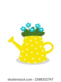 This cute vector illustration bouquets in a yellow kettle. Scrapbooking, greeting card, poster, flower shop, tag. EPS10