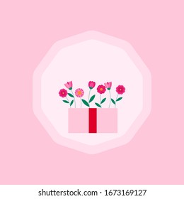 This is cute vector illustration. Box of flower isolated on pink background. Flat style.
