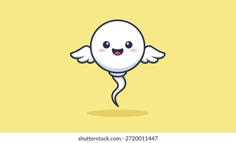 Esta linda célula de esperma de dibujos animados blancos tiene una cabeza redonda, ojos felices, una boca sonriente, alas Pequeñas y una cola ondulada distintiva.