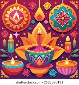 Esta ilustración recortada muestra coloridos diyas, linternas ornamentadas y vibrantes fuegos artificiales, que encarnan la alegría y el espíritu de las celebraciones del Diwali. ¡Perfecto para diseños festivos!