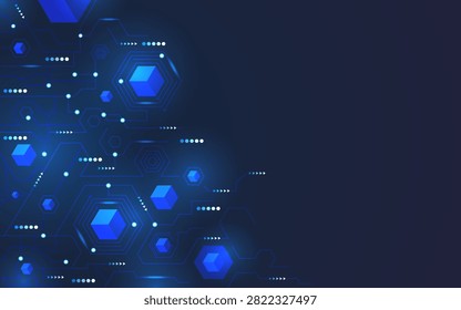 This cutting-edge vector graphic showcases a futuristic blockchain technology background rendered in a dark blue gradient palette. The digital illustration features an asymmetric layout adorned with glowing cryptographic data nodes, architectural line connections, directional data flow arrows, and distinct three-dimensional cubes encapsulated inside protective geometric hexagons. Leaving ample empty copy space on the right side for clear typography, this high-tech backdrop serves as a perfect template or presentation slide for topics involving decentralized ledgers, artificial intelligence, cyber security systems, and cryptocurrency infrastructure networks.#BlockchainTechnology #CryptoBackground #FuturisticTech #DigitalNetwork #CyberSecurity #DataEngineering #DecentralizedLedger #HighTechDesign #Web3Architecture #ArtificialIntelligence