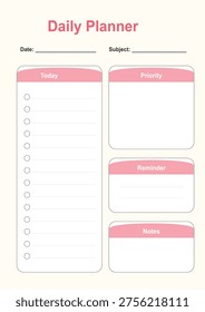 This daily planner features a clean and modern design with a bright pink background and white accents. The layout includes sections for today's tasks, priority, reminders, and notes, making it an ideal tool for organizing daily activities and increasing productivity. The planner's feminine and vibrant aesthetic adds a touch of inspiration and motivation to the user's daily routine.