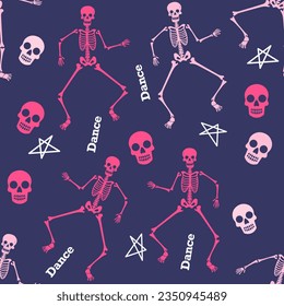 This is a dance on the bones or funny pink skeletons are dancing around the skull and stars and the inscription dance. Vector seamless pattern.