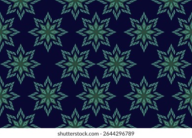 This dark blue and white native fabric print features prominent geometric patterns like diamonds and triangles, showcasing beautiful and intricate textile artistry.