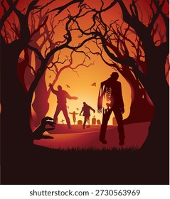 This dark and dramatic graphic illustration depicts a terrifying zombie horde moving through a graveyard or forest beneath a blood-red sky, creating a spooky and apocalyptic atmosphere. The silhouetted figures combined with a glowing orange-red background emphasize horror, suspense, and eerie tension, making the scene ideal for Halloween-themed designs, horror projects, and frightening creative content. The illustration captures the sense of chaos, dread, and supernatural menace associated with zombies, offering a visually compelling depiction suitable for editorial features, promotional campaigns, party invitations, seasonal marketing, posters, or digital media. Designed with high contrast and dramatic lighting, the artwork highlights the silhouettes of the undead against the ominous sky, enhancing the creepy and immersive mood of the composition. Perfect for horror enthusiasts, content creators, designers, and marketers, this stock vector is versatile for social media graphics, websites, flyers, banners, e-cards, and themed merchandise related to scary entertainment, horror storytelling, or Halloween celebrations. The ominous color palette and detailed silhouettes make it an excellent choice for conveying tension, fear, and dark fantasy elements, appealing to audiences who enjoy thrilling, suspenseful, and spooky visuals. Its scalable vector format ensures easy integration into print and digital projects, including books, magazines, infographics, presentations, and video content with apocalyptic themes. The illustration’s balance of dramatic color, dynamic composition, and haunting imagery provides a professional and visually striking asset for creative projects requiring a sense of terror, mystery, or eerie excitement. By emphasizing the mood, environment, and menacing figures, this artwork effectively communicates themes, Halloween, apocalypse, and the supernatural, making it a valuable resource for designers, content creators, educators, and storytellers seeking high-impact.