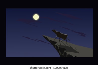 This dark but funny illustration shows a cow on a cliff. The cow howls at the moon like predators. This comic illustration is well suited for Halloween.
