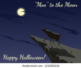 This dark but funny illustration shows a cow on a cliff. The cow howls at the moon like predators. This comic illustration is well suited for Halloween.
