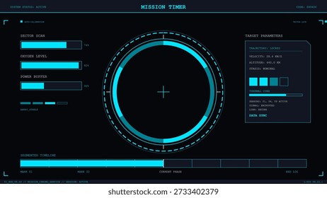 This dark futuristic heads-up display (HUD) interface features a central mission timer, system status indicators, and detailed target parameters.