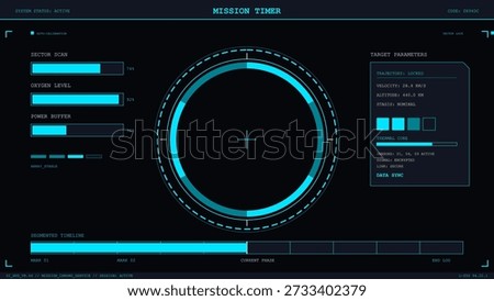 This dark futuristic heads-up display (HUD) interface features a central mission timer, system status indicators, and detailed target parameters.