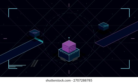This dark futuristic scene features an isometric grid pattern illuminated by glowing cyan and magenta neon lines.