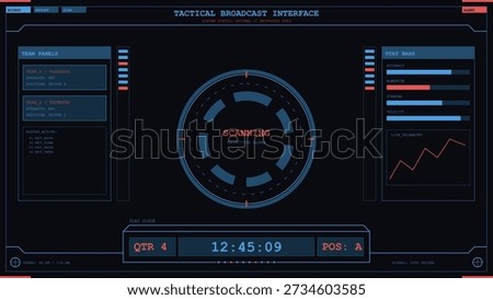 This dark, futuristic vector illustration displays a tactical broadcast user interface, showing team status, performance statistics, and live scanning objective data.