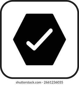 This dark hexagon icon features a sharp white checkmark, perfect for use in checklists, mobile apps, or task tracking UI tools.